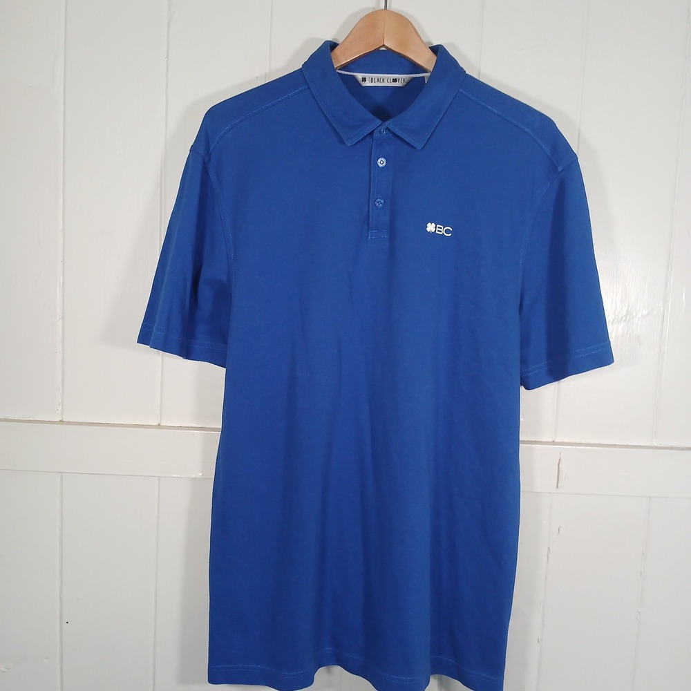 Black Clover‎ Polo Shirt Mens XL Blue Live Lucky Embroidered Pique Golf Top